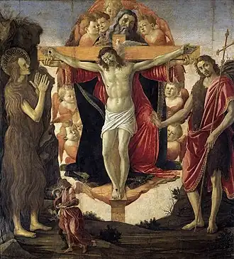 Botticelli and workshop, Pala delle Convertite, small Tobias and Raphael pass in front of the main subject, 1490s