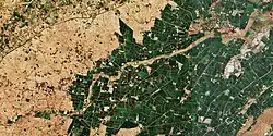 Satellite image of Budameru flowing between fishing lakes near Eluru