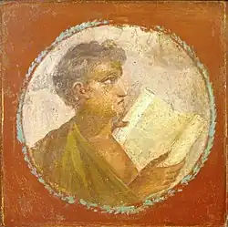 Image 68Roman portraiture fresco of a young man with a papyrus scroll, from Herculaneum, 1st century AD (from History of education)