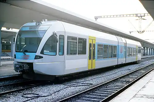 One of the Stadler GTW 2/6 that OSE procured before the 2004 Olympic Games. The local transport service Proastiakos Thessaloniki had not yet been launched, but the railcars were already delivered in the appropriate livery, October 2005.
