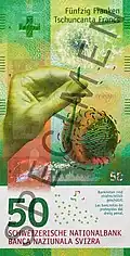 Hybrid Banknote of 50 francs of the 9th Series of Switzerland Franc in Landqart AG's DuraSafe.