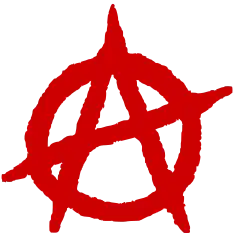 a red anarchy symbol that looks like an enclosed A in shaky handwriting; the iconic anarchy symbol