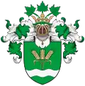 A shield depicting three ears of grain above a wavy stream