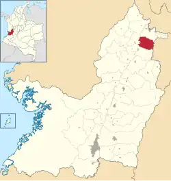Location of the municipality and town of Obando, Valle del Cauca in the Valle del Cauca Department of Colombia.