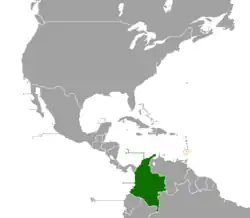 Map indicating locations of Colombia and Saint Vincent and the Grenadines