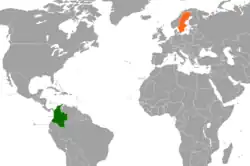 Map indicating locations of Colombia and Sweden