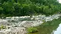 Sharp rocks jut out from a river in a lush forest
