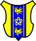 A pale so accompanied is often blazoned as endorsed. Or, on a pale endorsed azure, a cinquefoil pierced ermine between two martlets or.