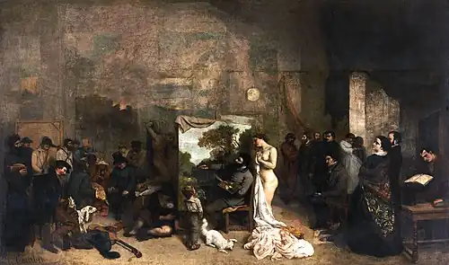 The Painter's Studio; by Gustave Courbet; 1854–1855; oil on canvas; 3.59 x 5.98 m; Musée d'Orsay (Paris)[221]