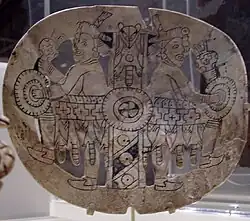 Engraved shell gorget, Spiro Mounds (Mississippian culture)