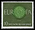 1960: The letter O of the word Europa is a Roman mail-coach wheel with 19 spokes, 1 for each 1960 member of CEPT. Design by Pentti Rahikainen of Finland.