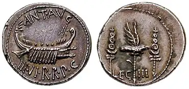 Denarius minted by Mark Antony to pay his legions. On the reverse, the aquila of his Third Legion.