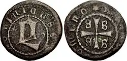 Bronze denaro of Domenico Gattilusio, lord of Lesbos in 1455–1458, with a large "D" on the obverse, and the tetragrammatic cross on the reverse