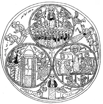 The Grigorovskoye Plate: Paten with biblical scenes in medallions, counterclockwise from bottom left: women at the empty tomb, the crucifixion, and the Ascension. Semirechye, 9th–10th century.[63]