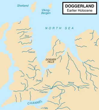 Map showing hypothetical extent of Doggerland (c. 8000 BC), which provided a land bridge between Great Britain and continental Europe