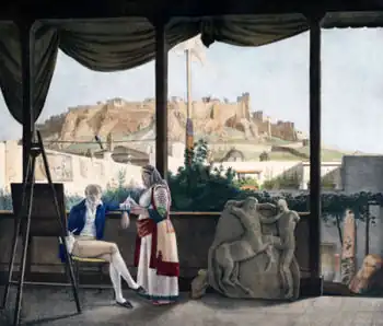 Tableau ancien : un homme peint sur son balcon; au fond l'Acropole d'Athènes