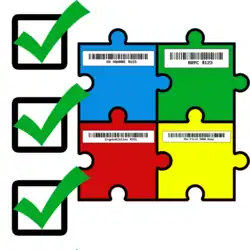 A checkmarked checklist next to four connected puzzle pieces each with a different color and unique barcode, representing ERC-721