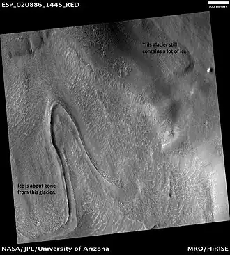 HiRISE image showing thin glacier on left. Glacier on the right is thick, containing ice under a thin layer of dirt and rock.
