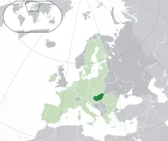 Location of Hungary (dark green) – in Europe (green & dark grey) – in the European Union (green)  –  [Legend]