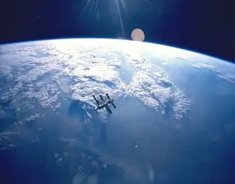 Earth and Mir in June 1995, an example of how sunlight can outshine the stars, making them invisible
