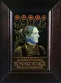 rectangular plaque, with image of woman and flowers