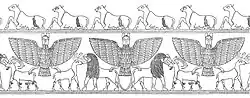 Detail on the En-temena vase - the stags here likely represent Ninhursag, with the lions greeting them in a friendly way by licking their cheeks, rather than attacking them.[73]