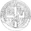 One of the seals of Eric VII "of Pomerania", 1398. The three Danish lions carry a Danish flag (top-left corner).