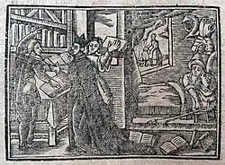 Three men look at books. A man lies in a bed under a hanging suit of armor. A woman burns books in the yard.