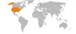 Map indicating locations of Estonia and USA