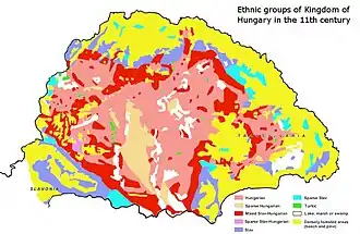 Kniezsa's (1938) view on the ethnic map of the Kingdom of Hungary in the 11th century, based on toponyms. Kniezsa's view has been criticized by many scholars, because of its non-compliance with later archaeological and onomastics research, but his map is still regularly cited in modern reliable sources. One of the most prominent critics of this map was Emil Petrovici.[71]