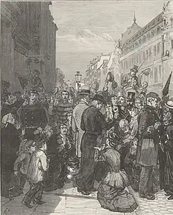 The rue de Sèvres [fr] at six o'clock in the morning: a Jesuit on the arm of a right-wing member of parliament walks through the cheering and praying crowd.