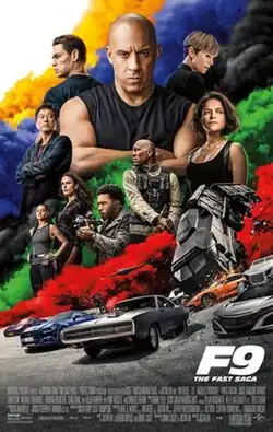 The top half includes a collage of the film's characters surrounded by various colored smoke streaks. The bottom half depicts sports cars and other vehicles.