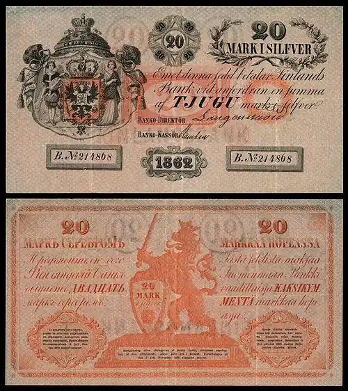 Image 6 Finnish markka Banknote credit: Bank of Finland; photographed by Andrew Shiva The Finnish markka was the currency of Finland from 1860 to 2002. The currency was divided into 100 pennies and was first introduced by the Bank of Finland to replace the Russian ruble at a rate of four markkaa to one ruble. The markka was replaced by the euro on 1 January 2002 and ceased to be legal tender on 28 February later that year. This picture shows a 20-markka banknote issued in 1862, as part of the first issue of markka banknotes (1860 to 1862), for the Grand Duchy of Finland, then an autonomous part of the Russian Empire; 1862 was also the first year of issue for this particular denomination. The banknote's obverse depicts the coat of arms of Finland on a Russian double-headed eagle, and was personally signed by the director and the cashier of the Bank of Finland. The text on the obverse is in Swedish, whereas the reverse is primarily in Russian and Finnish. More featured pictures
