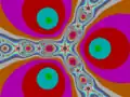 Newton fractal for three degree-3 roots p(z) = z3 − 1, coloured by number of iterations required