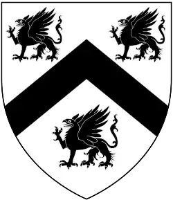 Arms of Finch: Argent, a chevron between three griffins passant sable
