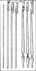 Illustrations of fire lances from De la pirotechnia by Vannoccio Biringuccio c. 1540.