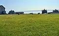 Deer grazing on grass in front of historic buildings