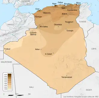 A map showing how French control over Algeria changed. Starting in 1830, France held very little land, only controlling a few major ports; by 1834, the ports were connected. By 1848, all of Algeria's major cities were under French control. However, the Sahara Desert was controlled; this was slowly brought under full control in the 20th century.