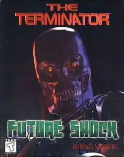 Portrait-oriented artwork with a dark background featuring a close-up of a robotic metallic skeleton with red eyes looking downward at the viewer.