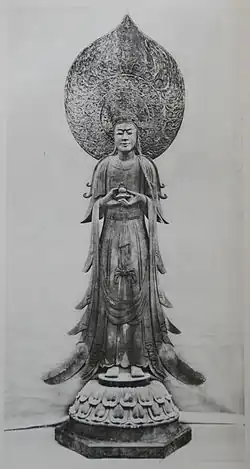 Kannon(Avalokitesvara) or Guze Kannon, wood plated with gold, crown: bronze openwork gilt. Early CE 7th century, Horyu-ji, Nara.