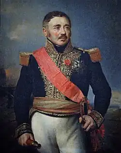 Painting of a man with a brown mustache and brown hair that is graying at the temples. He holds a telescope in his right hand. He wears a dark blue military uniform with gold epaulettes and lace and a red sash across his chest.