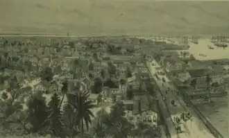 Sketch of Georgetown, Demerera, British Guiana showing the town on the left, people and horses walking on the main waterfront street, and the harbour on the right, filled with ships
