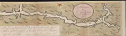 A map of the Middle and Upper Hudson Valley by Gerard Van Keulen in 1720. The text reads in English "new definition of the north river with all its anchor sites, depths, banks and cliffs: located in the new Netherlands"