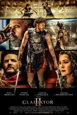 A gladiator holding two swords. Horizontal panels of other scenes and characters fill the background.