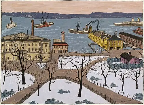 Battery Park in New York by Glenn O. Coleman (1887–1932), 31 cm × 42 cm (12+1⁄4 in × 16+1⁄2 in)