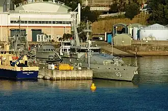 Armidale-class patrol boat HMAS Armidale visiting Waterhen in February 2008.