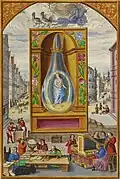 Fourth Treatise: queen in glass vessel. Scene below a silver heavenly cart driven by Mercury, with the signs for Virgo and Gemini on its wheels.