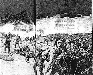 Image 41Exaggerated 19th century engraving showing flames and smoke following the Haymarket riot.