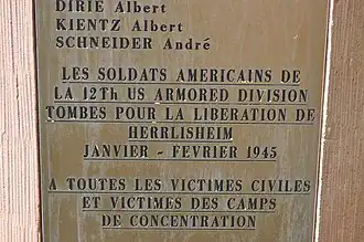 Plaque commemorating the victims of the War and defenders of Herrlisheim on the Memorial