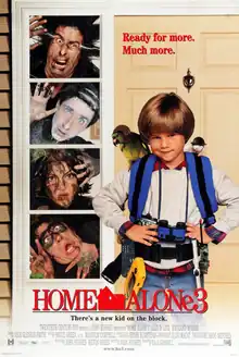 A boy equipped with various tools and a backpack stands in front a house door, with a parrot and a mouse (both wearing helmets) sitting on his shoulders. Four criminals appear at the small windows on the side of the door; the first is electrocuted, the second is covered in frost, the third is covered in mud, and the fourth has black paint around his eyes.